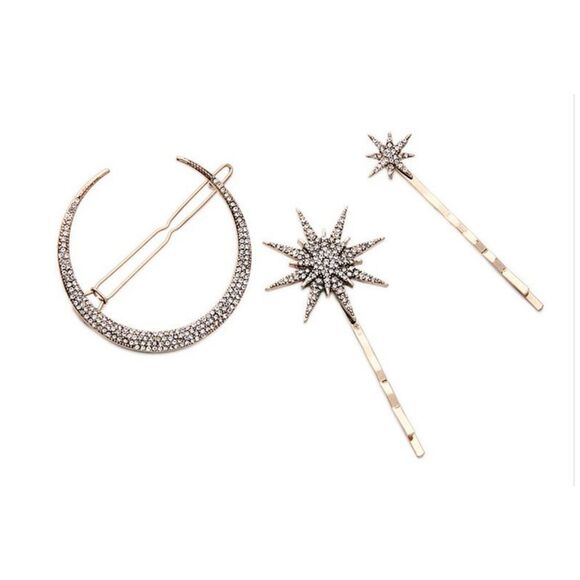 🖤 LAST ONE!  🖤 CRESCENT MOON & STARS GODDESS HAIR PIN BOBBY PIN BLING TRIO NWT - Picture 2 of 7